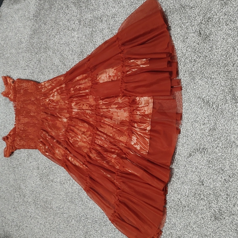 NWT Baltic Borne Cora Smocked Tulle Dress. Sleeveless Burnt Orange Ruffle Dress.